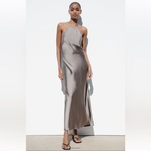 Zara Silver Satin Halter Midi Dress